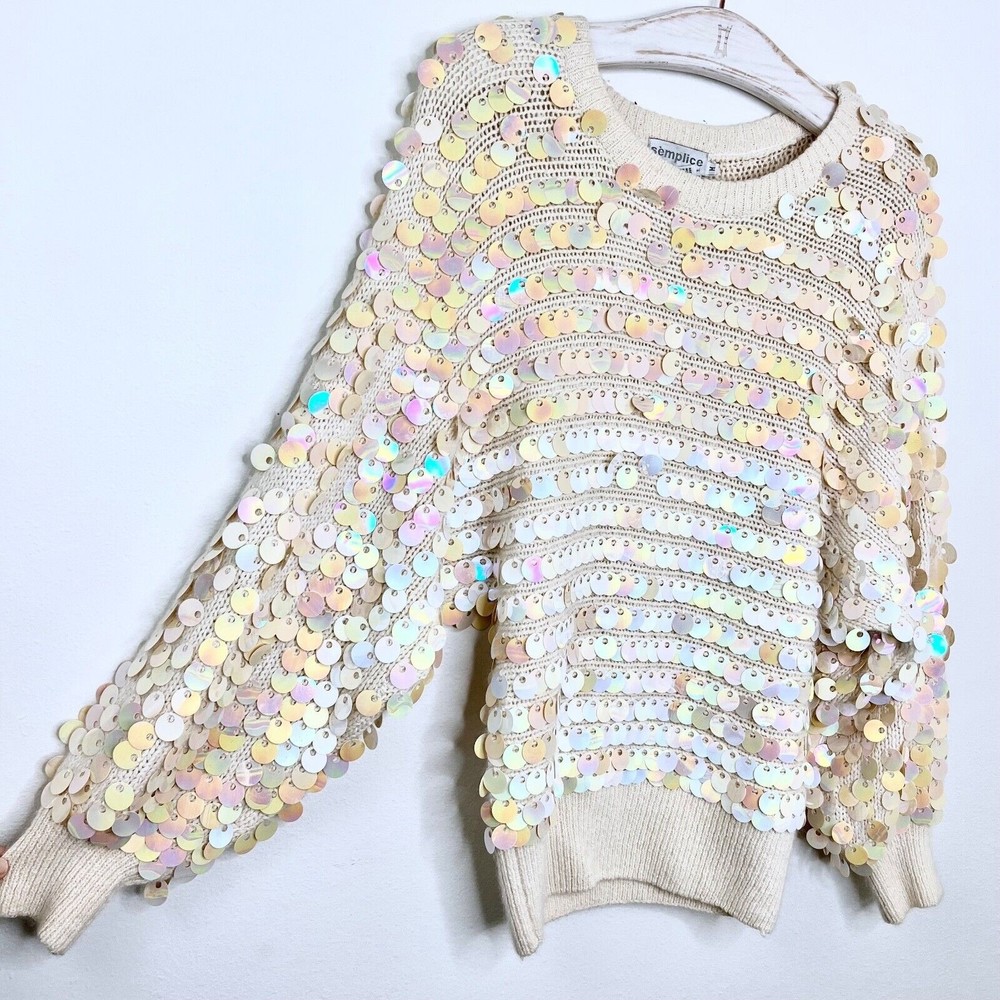 Vintage Semplice Pailette Sequin Dolman Sleeve Cream Sweater 1980s 80s Medium - Picture 2 of 5